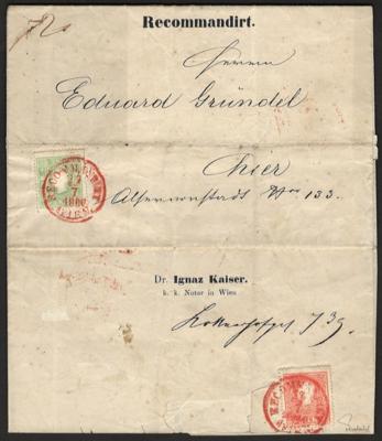 Poststück - Österr. Nr. 12 Einzelfrankatur auf Wiener OrtsRekobrief mit roter Entwertung, - Stamps and postcards