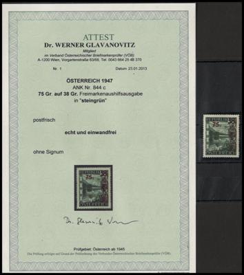 ** - Österr. Nr. 844c (STEINGRÜN) - laut Fotoattest Dr. Glavavnovitz ist die Marke"postfrisch, - Stamps and postcards