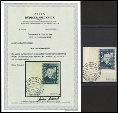 Briefstück - Österr. - 10S DOLLFUSS vom linken Bogenrand mit Volkstrauertag - Sonderstempel von Wien 1 auf Briefstück, - Briefmarken und Ansichtskarten