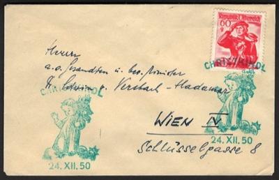 Poststück - Christkindl 1950 - kl. Kuvert mit Christkindl - Sonderstempel vom 24. XII.1950 nach Wien, - Briefmarken und Ansichtskarten