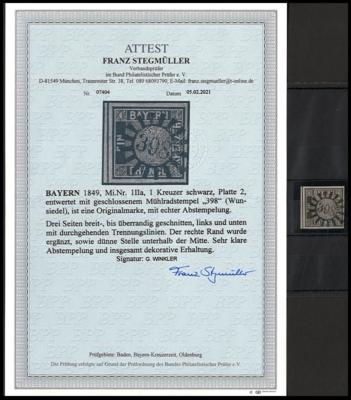 .gestempelt - Bayern Nr. 1 IIa schwarz Platte 2 - entwertet mit geschlossenem Mühlradstempel "398" (Wunsiedel), - Stamps and postcards