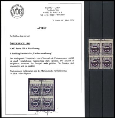 .gestempelt - Österr. Porto Nr. 201 V (1 S Posthorn) im Oberrand Viererblock stark verzähnt und Plattennummer 46512, - Stamps and postcards