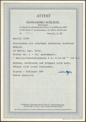 .gestempelt - Sammlung Berlin 1948/1990u.a. Nr. 1/20 mit Fotoattest Schlegel - Nr. 21/34 sign. Schlegel, - Briefmarken und Ansichtskarten