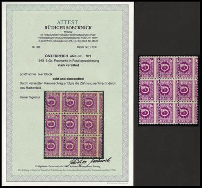 ** - Österr. 1945 - Nr. 701 (6Gr. Posthorn) im 9er Block STARK VERZÄHNT, - Briefmarken und Ansichtskarten