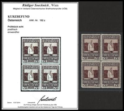 ** - Österr. Nr. 152 z (72 H 1908) im Viererblock auf grauem Papier, - Stamps and postcards