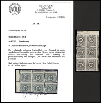 ** - Österr. Nr. 703 V - senkrechter Oberrand 6er Block mit senkrecht starker Verzähnung, - Briefmarken und Ansichtskarten