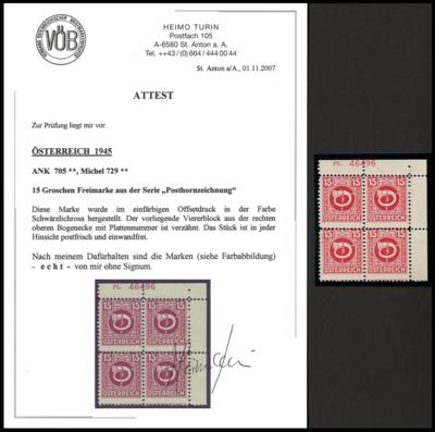 ** - Österr. Nr. 705 V im Eckrand - Viererblock, - Stamps and postcards
