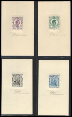 4 private Entwürfe "Mozart" und "Schubert" (je 2) auf Karton, - Známky a pohlednice