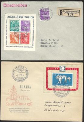 Poststück/Briefstück - Partie Poststücke Schweiz u.a. mit Block Nr. 1 (NABA) auf gelaufenem Rekobrief nach München, - Známky a pohlednice
