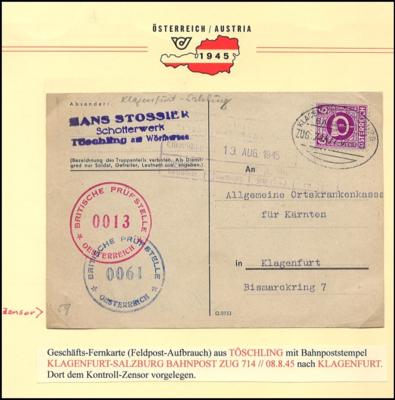 Poststück - Kärntner Bahnpostbelege 1945 u.a. Zugnummern 424, - Francobolli e cartoline