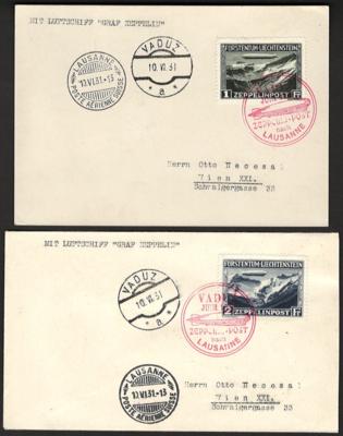 Poststück - Liechtenstein Nr. 114/15 auf 2 Zeppelinbelegen mit entsprechenden Stempeln, - Stamps and postcards