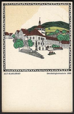 Poststück - Wiener Werkstätte - Karte Nr. 209 - Karl Schwetz: Alt - Karlsbad (Dreifaltigkeitssäule 1830), - Známky a pohlednice