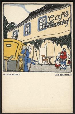 Poststück - Wiener Werkstätte - Karte Nr. 214 - Leopold Drexler: Alt- Karlsbad: Cafe Helenenhof, - Francobolli e cartoline