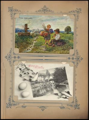 PoststückZeitgenössisches Postkartenalbum mit ca. 200 Motivkarten bzw. 9 AK (teils Lithos), - Známky a pohlednice