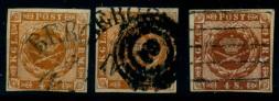 .gestempelt - Dänemark - 3 Stück Nr. 7 mit Orts- Strich - bzw. Nummernstpl., - Briefmarken und Ansichtskarten