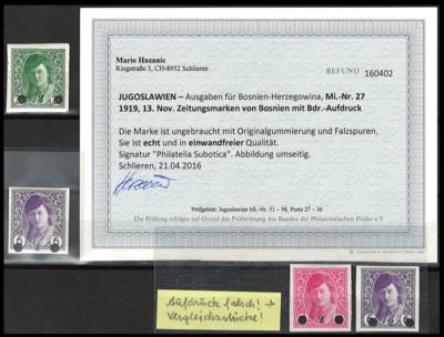 * - Jugosl. Nr. 27 (mit Befund - Briefmarken und Ansichtskarten