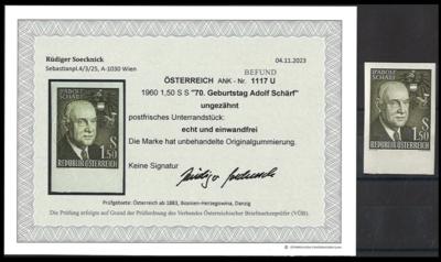 ** - Österr.   ANK Nr. 1117 U "70. Geburtstag Adolf Schärf" ungez. postfr. Unterrdstück, - Známky a pohlednice