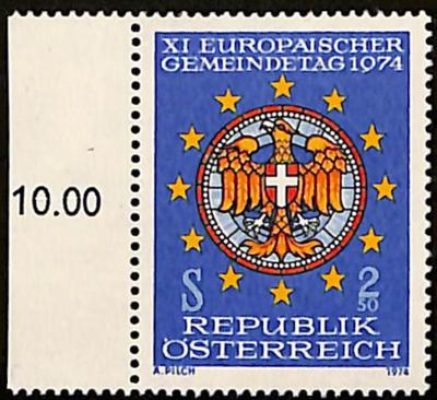 ** - Österr. Nr. (15) (nicht verausgabte Gemeindetagsmarke 1974) vom linken Bogenrand, - Briefmarken und Ansichtskarten