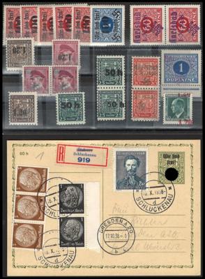 **/(*)/Poststück - Deutschland  Sudetenland - Partie interess. Dubl. u. 2 Postkarten, - Briefmarken und Ansichtskarten