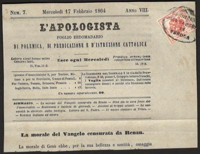 Briefstück - Lombardei - Zeitungsstempelm. LV2 auf Ausschnittder "L Apologista" aus 1864, - Briefmarken und Ansichtskarten