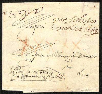 Poststück - Belgien 1676 - Estafettenbrief von Brüssel nach Liege mit Taxvermerk XXXXX (50 Stuiver), - Známky a pohlednice