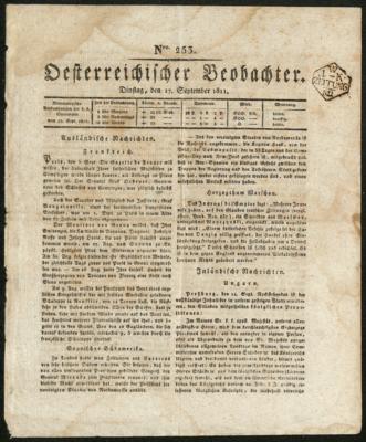 Poststück - Österr. Monarchie 1811 - "Österr. Beobachter" Nr. 523 vom 17.9. 1811 mit Signette S11, - Známky a pohlednice