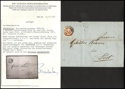 Poststück - Österr. Nr. 10 II dunkelorange auf Drucksache von G: Becskerek nach Pest, - Briefmarken und Ansichtskarten