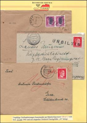 Poststück - Österreich/Graz 1945 "ungiltig" Beanstandungen mit 1 1/2 bzw. doppelter Ortsbriefnachgebühr, - Stamps and postcards