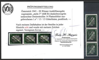 ** - Österr. Nr. 668 Ib dunkelmoosgrün im senkrechten Dreierstreifen 14 mit Pl. F. ausgebroch. 1./13/15 Gitterlinien, - Stamps and postcards
