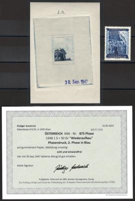 ** - Österr. Nr. 875 (1S + 50 Gr. WIEDERAUFBAU 1948) als PHASENDRUCK der 2. Phase in BLAU, - Briefmarken und Ansichtskarten