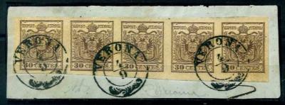 Briefstück - Lombardei Nr. 4HIII im waagrechten FÜNFERSTREIFEN aufBriefstück, - Stamps and postcards
