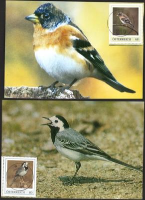 Poststück - Motiv-AK heimische Singvögel mit passenden Frankaturen, - Francobolli e cartoline