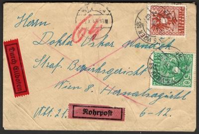 Poststück - Österr. 1945 - 8 Pfg. + 50Pfg. Wappen auf Rohrpost - Express - Ortsbrief innerhalb Wiens, - Francobolli e cartoline