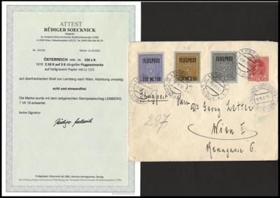 Poststück - Österr. Nr. 226xB (2,50 K auf 3 K olivgelbe Flugpostmarke auf hellgrauem Papier in Linienzähnung 11 1/2 - Briefmarken und Ansichtskarten