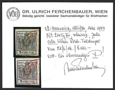 .gestempelt - Österr. Nr. 2M Type IIIa schwarz mit zartem roten Wiener Reko - Teilstempel, - Briefmarken und Ansichtskarten