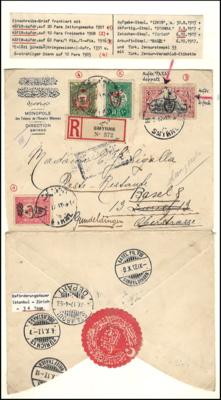 Poststück - Türkei 1917/25 - 15 echt gelaufene meist Rekobriefe mit Käfer-Aufdruck, - Stamps and postcards
