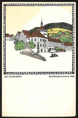 Poststück - Wiener Werkstätte WW - Karte Nr. 209 - Künstler Karl Schwetz (?): "Alt Karlsbad - Dreifaltigkeitssäule 1830", - Francobolli e cartoline