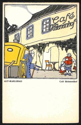 Poststück - Wiener Werkstätte WW Karte Nr. 214 - Künstler Leopold Drexler: "Alt - Karlsbad: Cafe Helenenhof", - Stamps and postcards