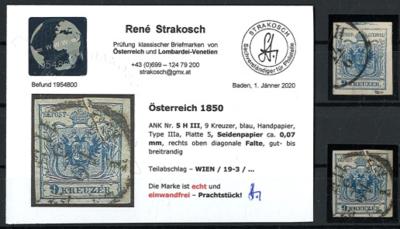 .gestempelt - Österreich 1850 Nr.5M III oben Balken und Nr.5H III auf dünnem Papier mit diagonaler (Druck-) Papier falte, - Francobolli e cartoline