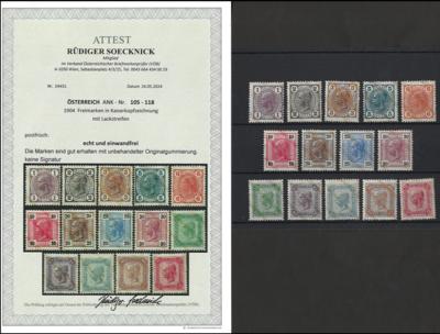 ** - Österr. Nr. 105/18 (Freimarken 1904 mit Lackstreifen), - Briefmarken und Ansichtskarten