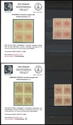 ** - Österreich 1850 3 Kr zinnoberrot und 30 Centes braun jeweils Neudruck 1870 postfrische Viererblocks, - Známky a pohlednice