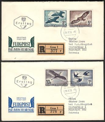 Poststück - Österr. - 1S/10S aus Flug 1950/53 auf 2 rekommandierten FDCs ab Graz in die Schweiz mit Ankunftsstempeln, - Francobolli e cartoline