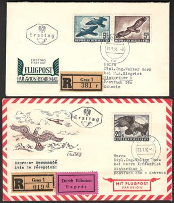 Poststück - Österr. - Flug 1950/53 auf 4 FDCs, - Francobolli e cartoline