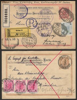 Poststück - Österr. - Partie Poststücke ab Monarchie u.a. mir rekommandierter Ganzsache nach Wyborg in Rußland aus 1900, - Briefmarken und Ansichtskarten