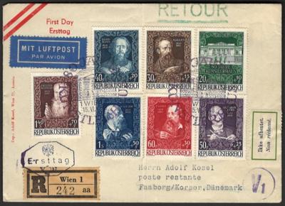Poststück - Österreich 1948 Nr.924-30 (Wiener Künstlerhaus Reko-Flugpost FDC nach Dänemark, - Známky a pohlednice