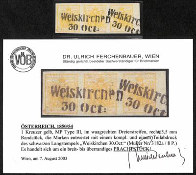 .gestempelt - Österr. Nr. 1 MP Type III - gelb - waagrechter Dreierstreifen vom rechten Bogenrand, - Stamps and postcards