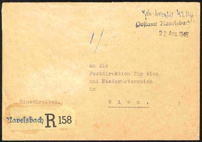 Poststück - Österr. 1945 - Stempelprovisorium "Postamt Ravelsbach" rekommandiert vom 22.8. 1945, - Briefmarken und Ansichtskarten