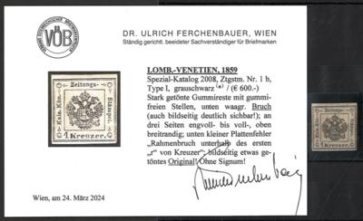 (*) - Lombardei - Zeitungsstempelm. Nr. 1b Type I grauschwarz mit div. Mgl. u. kl. Plattenfehler, - Francobolli e cartoline