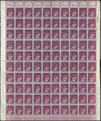 ** - Tschechoslowakei 1945 Lokalausgabe 0,60(Kc) auf 6Pf und 1,20(Kc) auf 12Pf Hitlerjeweils Bogen a 100 Stück, - Stamps and postcards