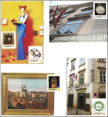 Poststück - Motivobjekt "Uhren im Laufe von Jahrhunderten" 36 Ansichtskarten mit analogen Motivmarken, - Stamps and postcards